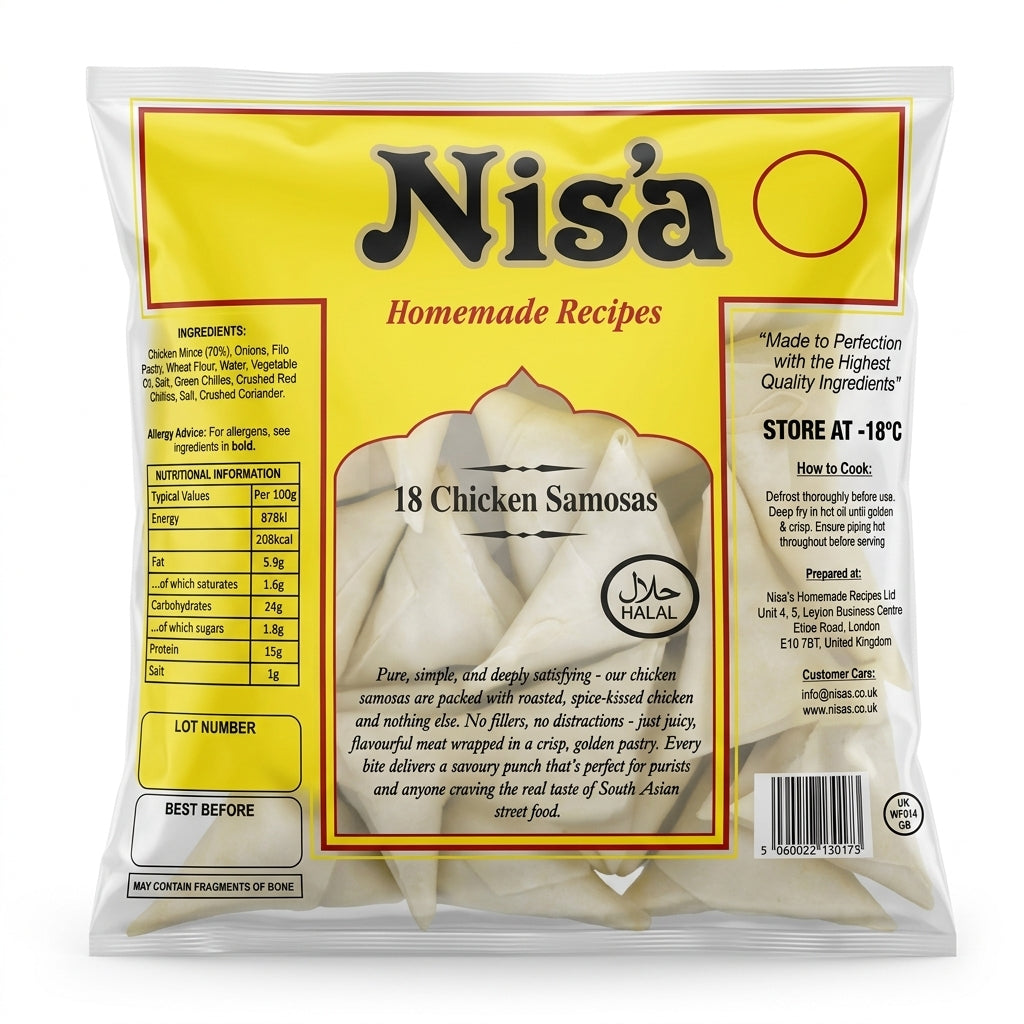 Nisa's Frozen Chicken Samosas by Nisa's Frozen — front view showing product label and branding, studio product photo on white background
