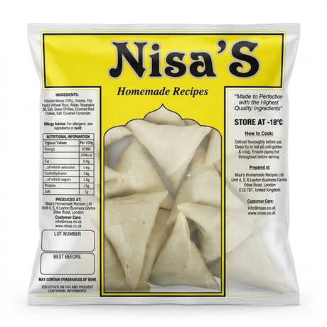 Nisa's Frozen Chicken Samosas by Nisa's Frozen — back view showing ingredients and product details, studio product photo on white background