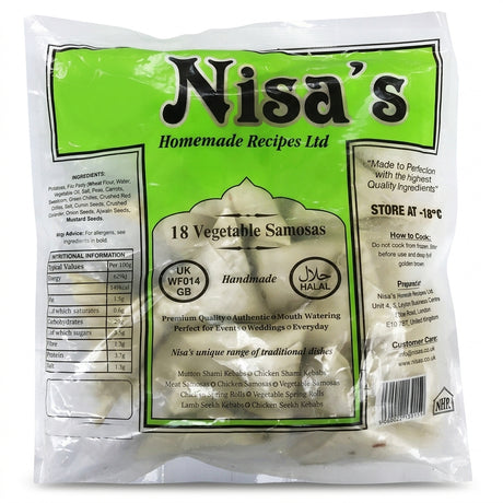 Nisa's Frozen Vegetable Samosas by Nisa's Frozen — front view showing product label and branding, studio product photo on white background