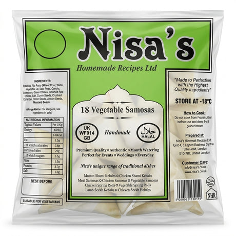 Nisa's Frozen Vegetable Samosas by Nisa's Frozen — back view showing ingredients and product details, studio product photo on white background