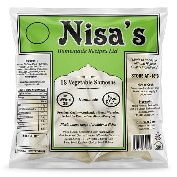 Nisa's Frozen Vegetable Samosas by Nisa's Frozen — back view showing ingredients and product details, studio product photo on white background
