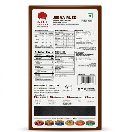 Atul Bakery Jeera Rusk by Atul Bakery Biscuits & Bakery — back view showing ingredients and product details, studio product photo on white background