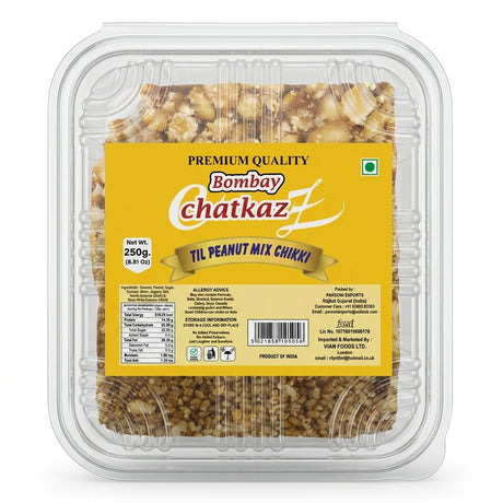 Bombay Chatkaz Till Peanut mix Chikki by Bombay Chatkaz Sweets Chikki and Candy — front view showing product label and branding, studio product photo on white background