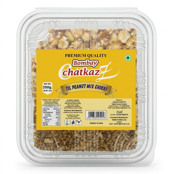 Bombay Chatkaz Till Peanut mix Chikki by Bombay Chatkaz Sweets Chikki and Candy — front view showing product label and branding, studio product photo on white background