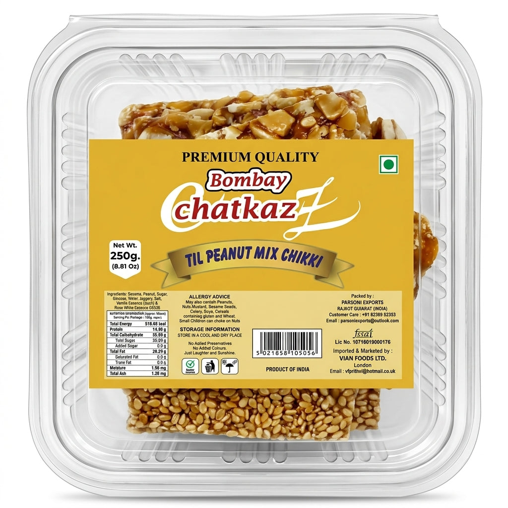 Bombay Chatkaz Till Peanut mix Chikki by Bombay Chatkaz Sweets Chikki and Candy — back view showing ingredients and product details, studio product photo on white background