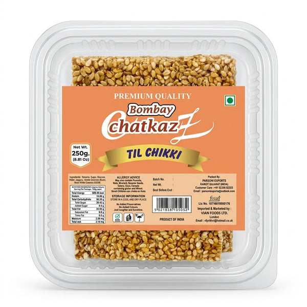 Bombay Chatkaz Till Chikki by Bombay Chatkaz Sweets Chikki and Candy — front view showing product label and branding, studio product photo on white background