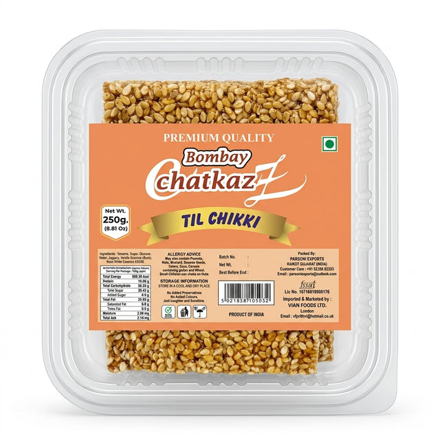 Bombay Chatkaz Till Chikki by Bombay Chatkaz Sweets Chikki and Candy — front view showing product label and branding, studio product photo on white background