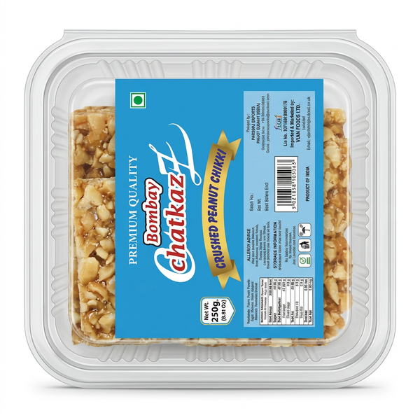 Bombay Chatkaz Crushed Peanut Chikki by Bombay Chatkaz Sweets Chikki and Candy — front view showing product label and branding, studio product photo on white background