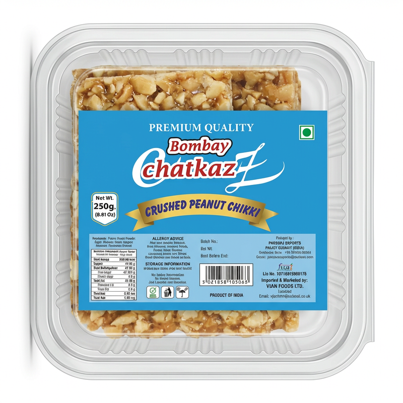 Bombay Chatkaz Crushed Peanut Chikki by Bombay Chatkaz Sweets Chikki and Candy — front view showing product label and branding, studio product photo on white background