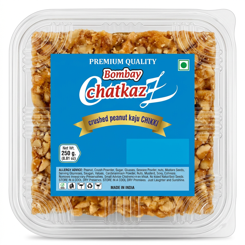 Bombay Chatkaz Crushed Peanut Chikki by Bombay Chatkaz Sweets Chikki and Candy — back view showing ingredients and product details, studio product photo on white background
