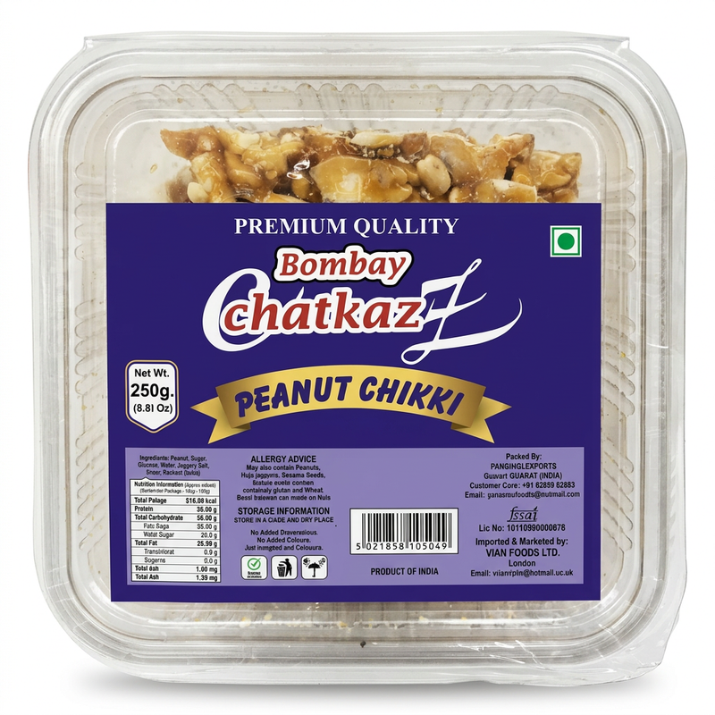 Bombay Chatkaz Peanut Chikki by Bombay Chatkaz Sweets Chikki and Candy — front view showing product label and branding, studio product photo on white background