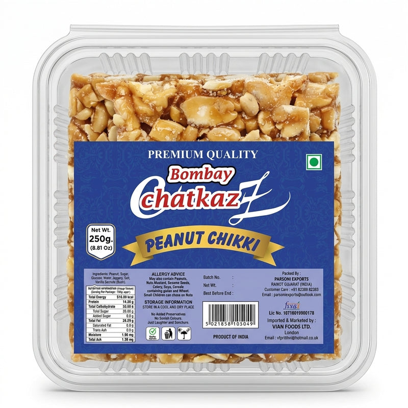Bombay Chatkaz Peanut Chikki by Bombay Chatkaz Sweets Chikki and Candy — back view showing ingredients and product details, studio product photo on white background