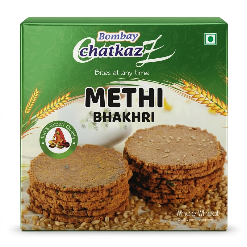 Bombay Chatkaz Methi Bhakhri by Bombay Chatkaz Indian Snacks — front view showing product label and branding, studio product photo on white background