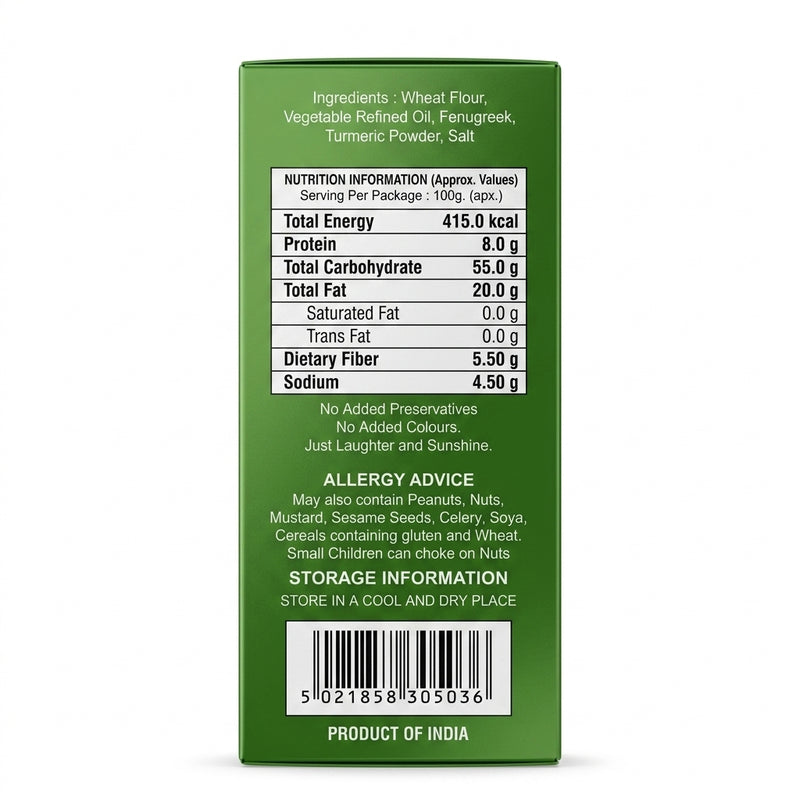 Bombay Chatkaz Methi Bhakhri by Bombay Chatkaz Indian Snacks — back view showing ingredients and product details, studio product photo on white background