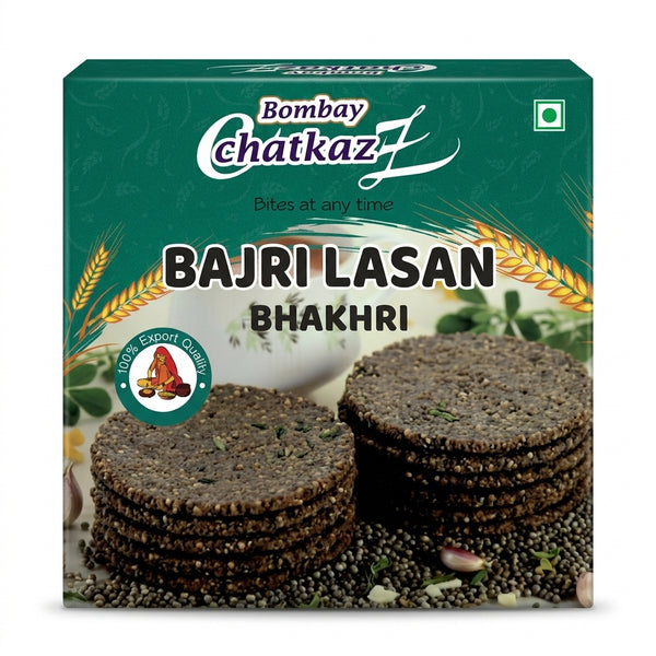 Bombay Chatkaz Bajri Lasan Bhakhri by Bombay Chatkaz Indian Snacks — front view showing product label and branding, studio product photo on white background