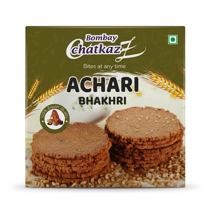 Bombay Chatkaz Achari Bhakhri by Bombay Chatkaz Indian Snacks — front view showing product label and branding, studio product photo on white background
