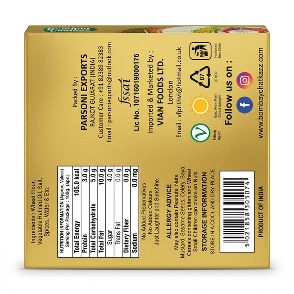 Bombay Chatkaz Achari Bhakhri by Bombay Chatkaz Indian Snacks — back view showing ingredients and product details, studio product photo on white background