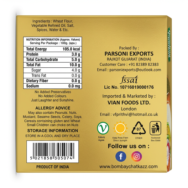 Bombay Chatkaz Achari Bhakhri by Bombay Chatkaz Indian Snacks — back view showing ingredients and product details, studio product photo on white background