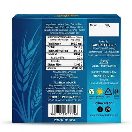 Bombay Chatkaz Multigrain Bhakhri by Bombay Chatkaz Indian Snacks — back view showing ingredients and product details, studio product photo on white background