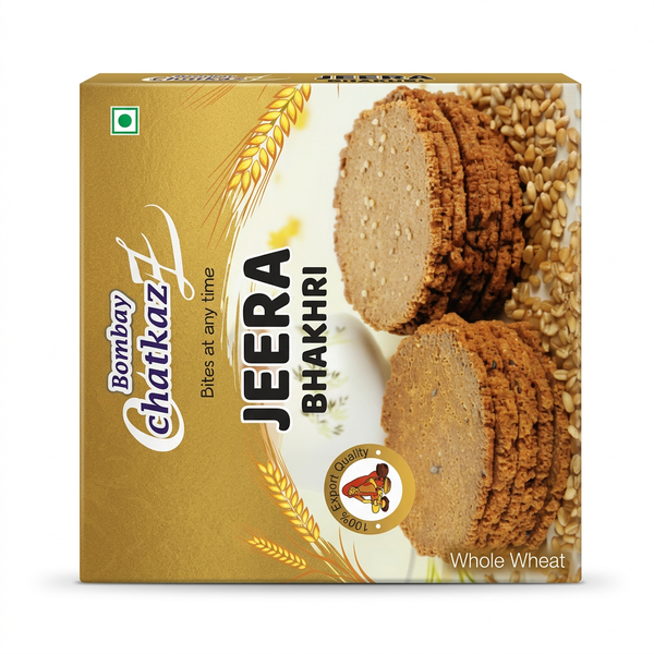 Bombay Chatkaz jeera Bhakhri by Bombay Chatkaz Indian Snacks — front view showing product label and branding, studio product photo on white background