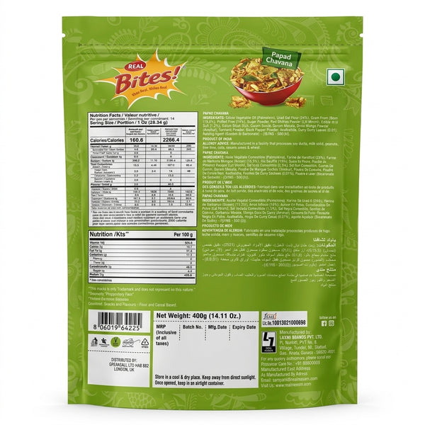Real Papad Chanvanu by Real Indian Snacks — back view showing ingredients and product details, studio product photo on white background