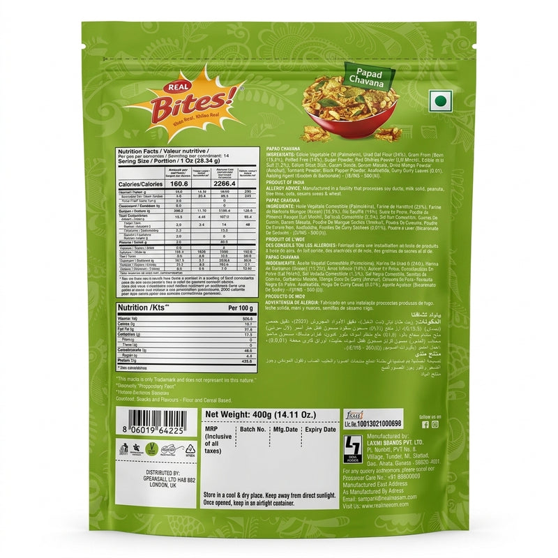 Real Papad Chanvanu by Real Indian Snacks — back view showing ingredients and product details, studio product photo on white background