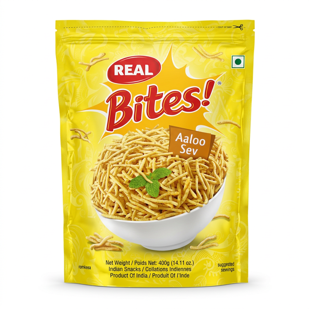 Real Aloo Sev by Real Indian Snacks — front view showing product label and branding, studio product photo on white background