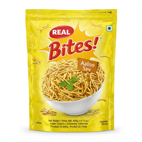 Real Aloo Sev by Real Indian Snacks — front view showing product label and branding, studio product photo on white background