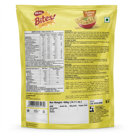 Real Aloo Sev by Real Indian Snacks — back view showing ingredients and product details, studio product photo on white background