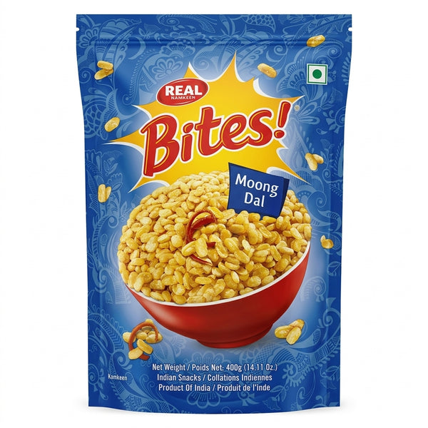 Real Snack Moong Dal by Real Indian Snacks — front view showing product label and branding, studio product photo on white background