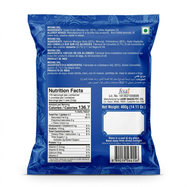 Real Snack Moong Dal by Real Indian Snacks — back view showing ingredients and product details, studio product photo on white background