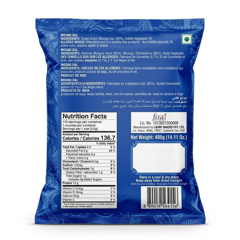 Real Snack Moong Dal by Real Indian Snacks — back view showing ingredients and product details, studio product photo on white background