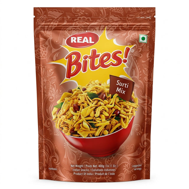 Real Surti Mix by Real Indian Snacks — front view showing product label and branding, studio product photo on white background