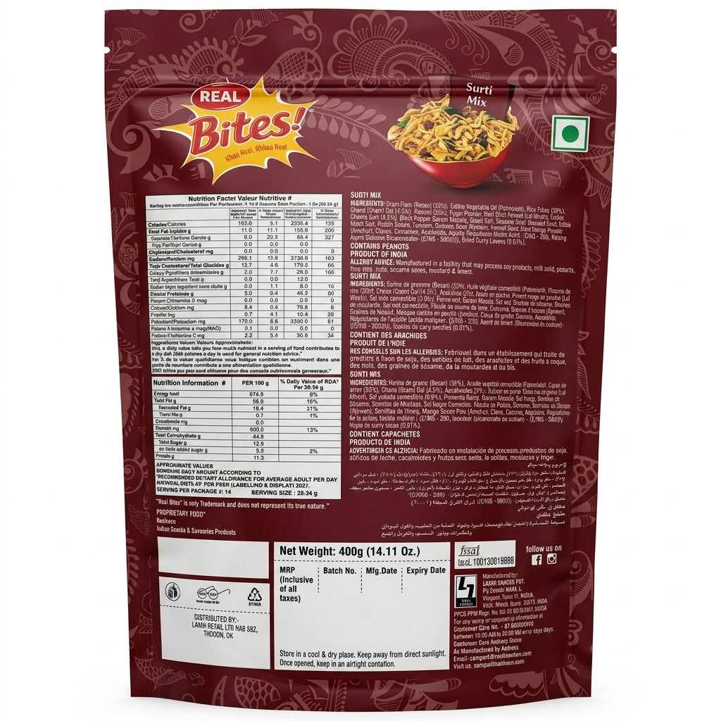 Real Surti Mix by Real Indian Snacks — back view showing ingredients and product details, studio product photo on white background