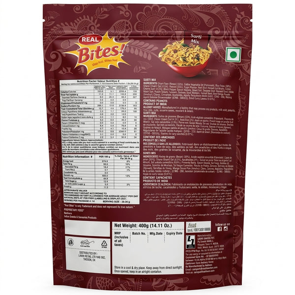 Real Surti Mix by Real Indian Snacks — back view showing ingredients and product details, studio product photo on white background
