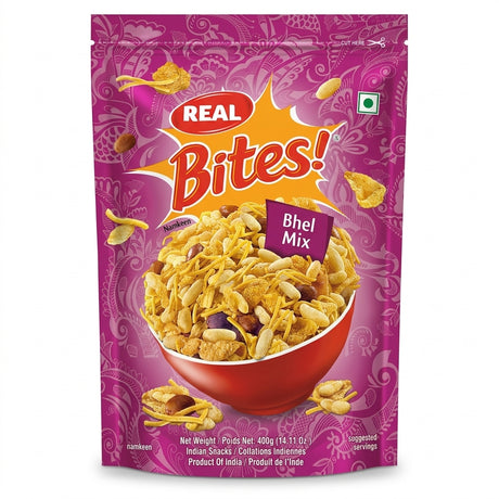Real Bhel Mix by Real Indian Snacks — front view showing product label and branding, studio product photo on white background