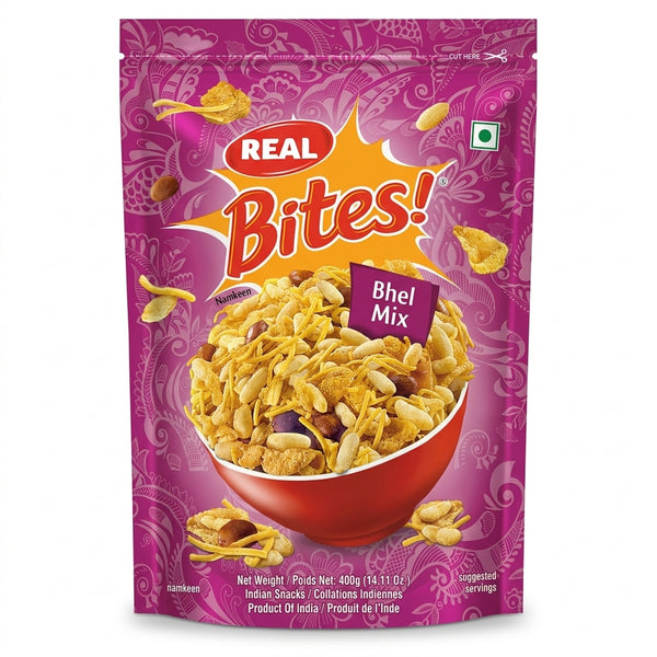 Real Bhel Mix by Real Indian Snacks — front view showing product label and branding, studio product photo on white background