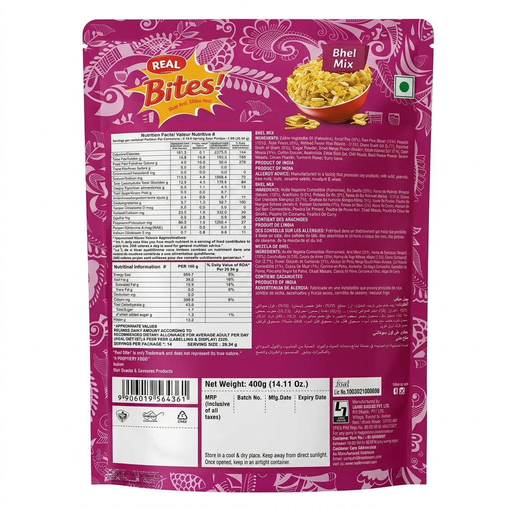 Real Bhel Mix by Real Indian Snacks — back view showing ingredients and product details, studio product photo on white background