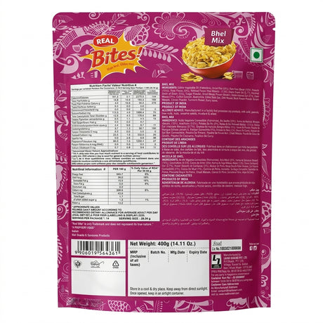 Real Bhel Mix by Real Indian Snacks — back view showing ingredients and product details, studio product photo on white background