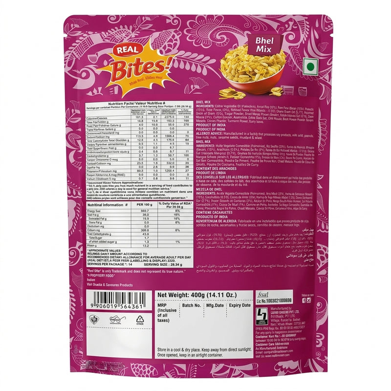 Real Bhel Mix by Real Indian Snacks — back view showing ingredients and product details, studio product photo on white background