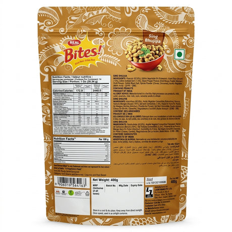 Real Sing Bhujia by Real Indian Snacks — back view showing ingredients and product details, studio product photo on white background
