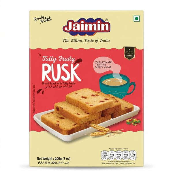 Jaimin Tuti Fruti Rusk 200g Bread Toast with Cumin Seeds by Jaimin Food & Beverage > Pantry > Bread & Baked Goods > Rusks & Biscotti — front view showing product label and branding, studio product photo on white background