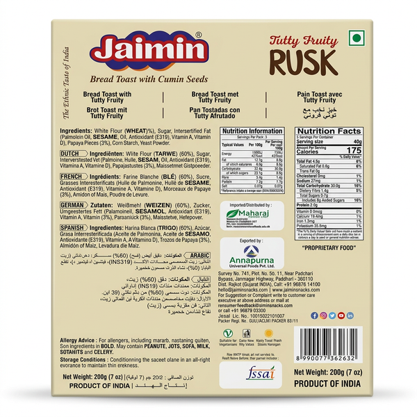 Jaimin Tuti Fruti Rusk 200g Bread Toast with Cumin Seeds by Jaimin Food & Beverage > Pantry > Bread & Baked Goods > Rusks & Biscotti — back view showing ingredients and product details, studio product photo on white background