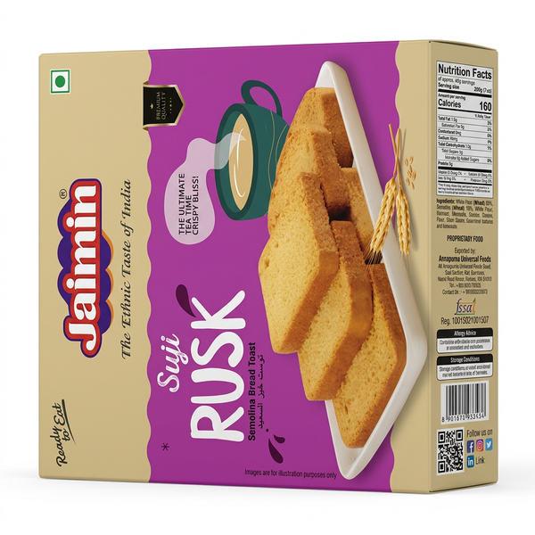 Jaimin Suji Rusk 200g Bread Toast with Cumin Seeds by Jaimin Food & Beverage > Pantry > Bread & Baked Goods > Rusks & Biscotti — front view showing product label and branding, studio product photo on white background