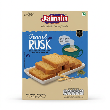 Jaimin Fennel Rusk by Jaimin Biscuits & Bakery — front view showing product label and branding, studio product photo on white background