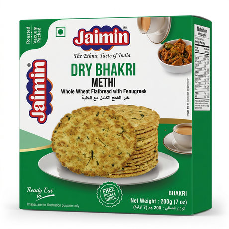 Jaimin Methi Bhakri by Jaimin Indian Snacks — front view showing product label and branding, studio product photo on white background