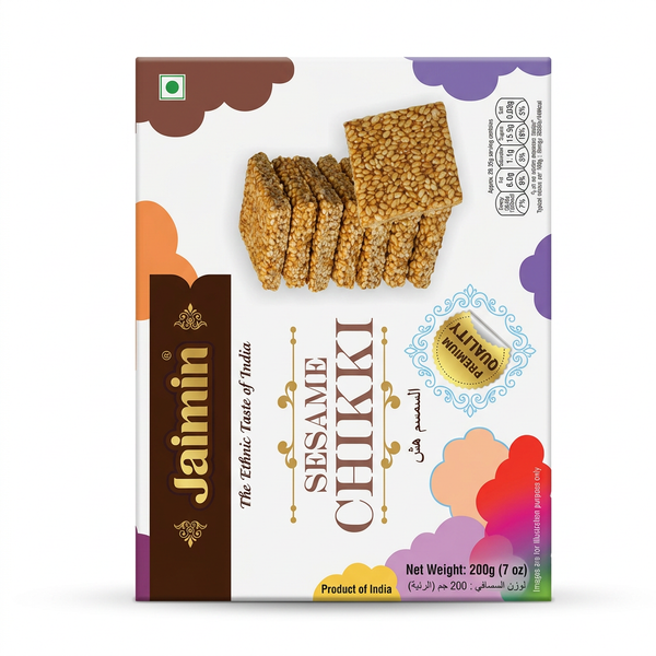 Jaimin Sesame Chikki by Jaimin Indian Snacks — front view showing product label and branding, studio product photo on white background