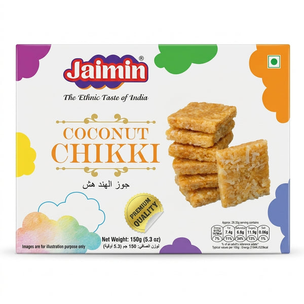 Jaimin Coconut Chikki by Jaimin Indian Snacks — front view showing product label and branding, studio product photo on white background