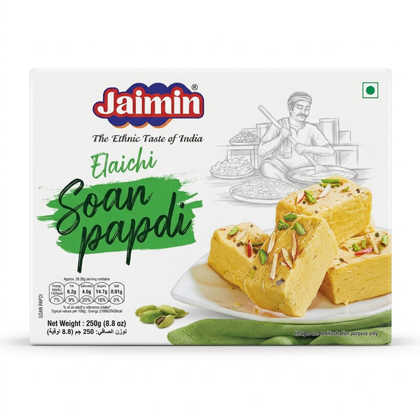 Jaimin Elaichi Soan Papdi by Jaimin Sweets — front view showing product label and branding, studio product photo on white background