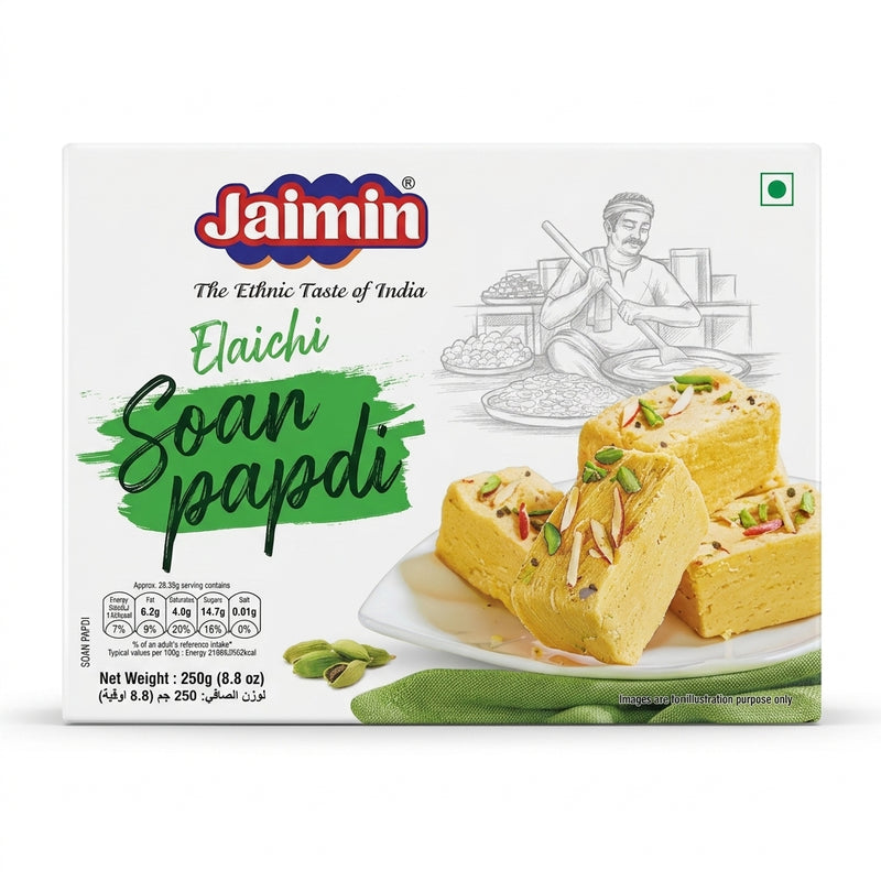 Jaimin Elaichi Soan Papdi by Jaimin Sweets — front view showing product label and branding, studio product photo on white background